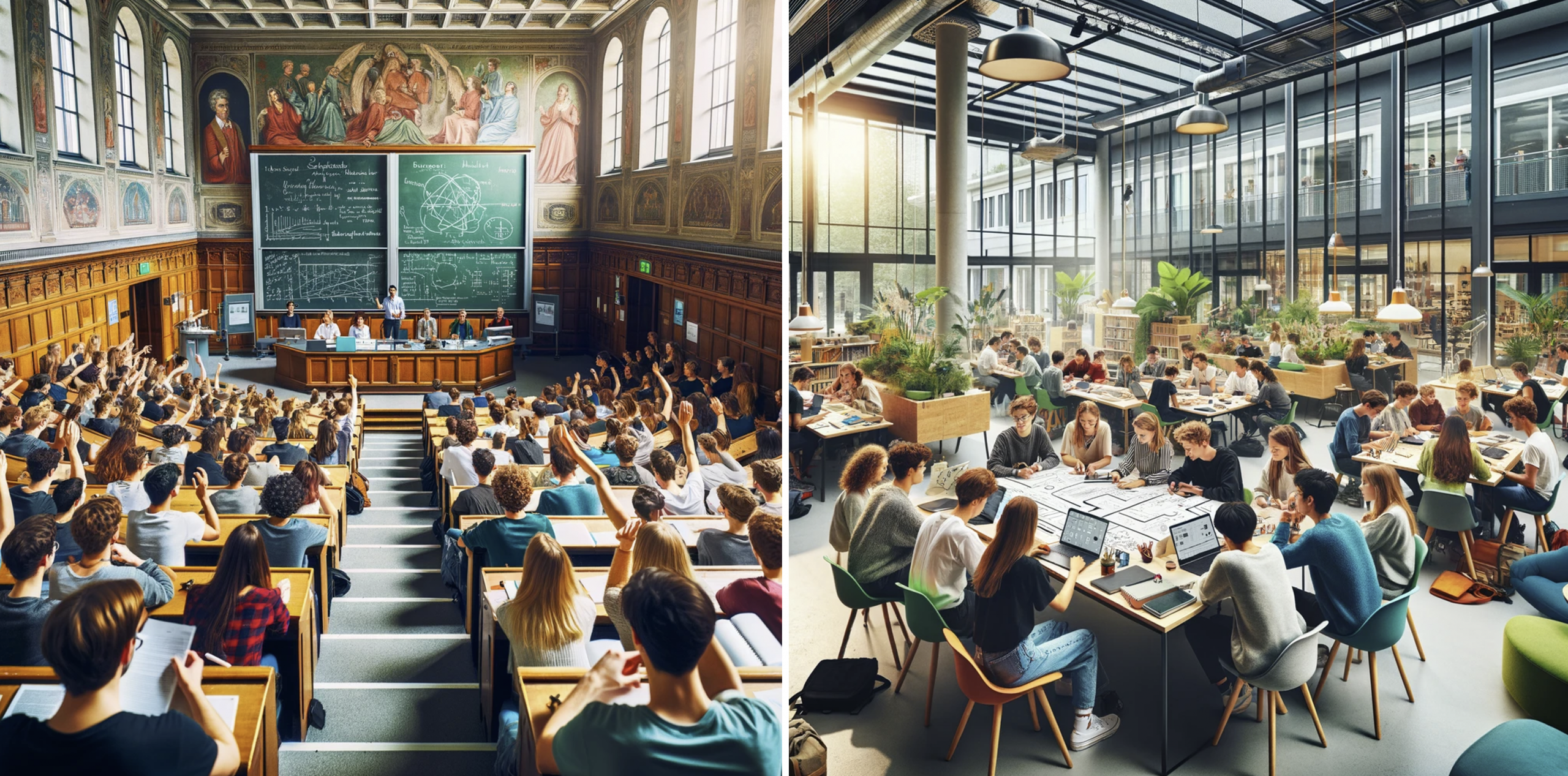Links ein Hörsaal und rechts Studierende an Gruppentischen